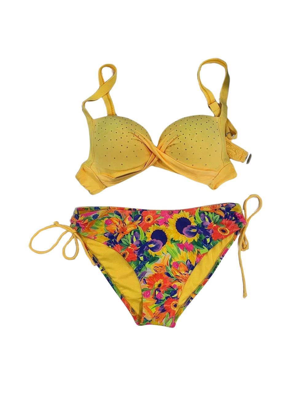 Kadın Sarı Çiçek Desenli Taş İşlemeli  Astarlı Bikini Takım HZL25S-LC3313