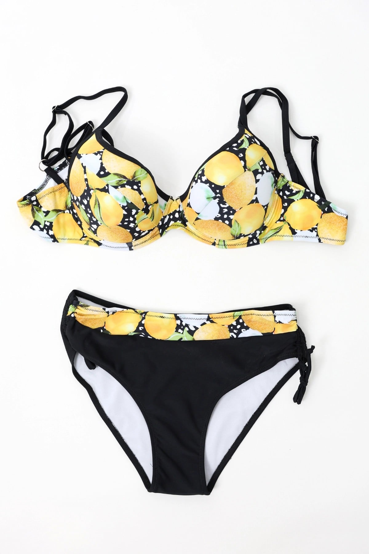 Kadın Sarı Siyah Limon Desenli İp Askılı Yüksek Bel Bikini Takım HZL24S-LC3348