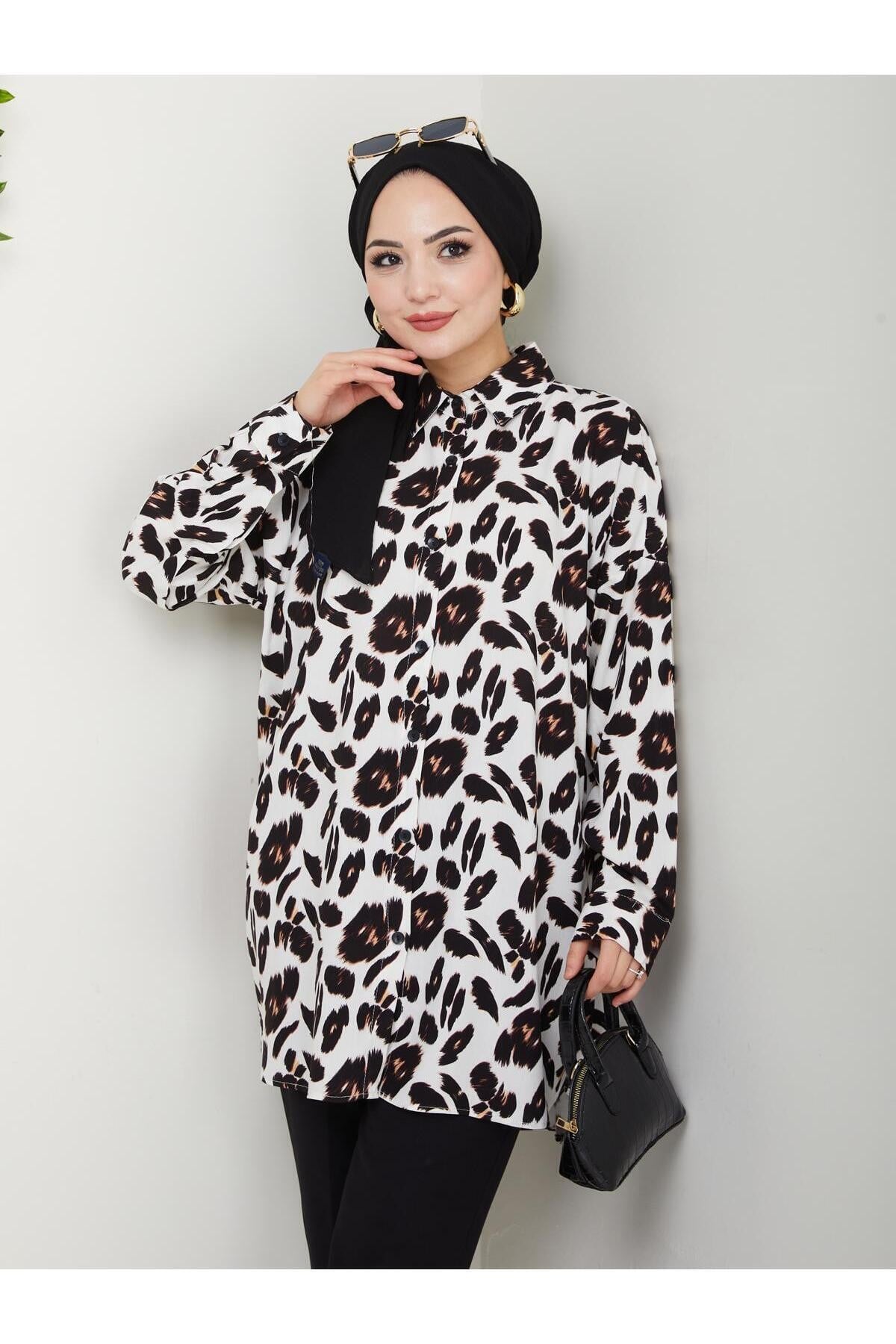 Kadın Şık Tüy Desen Standart Beden Oversize Tesettür Gömlek YS25-LV002
