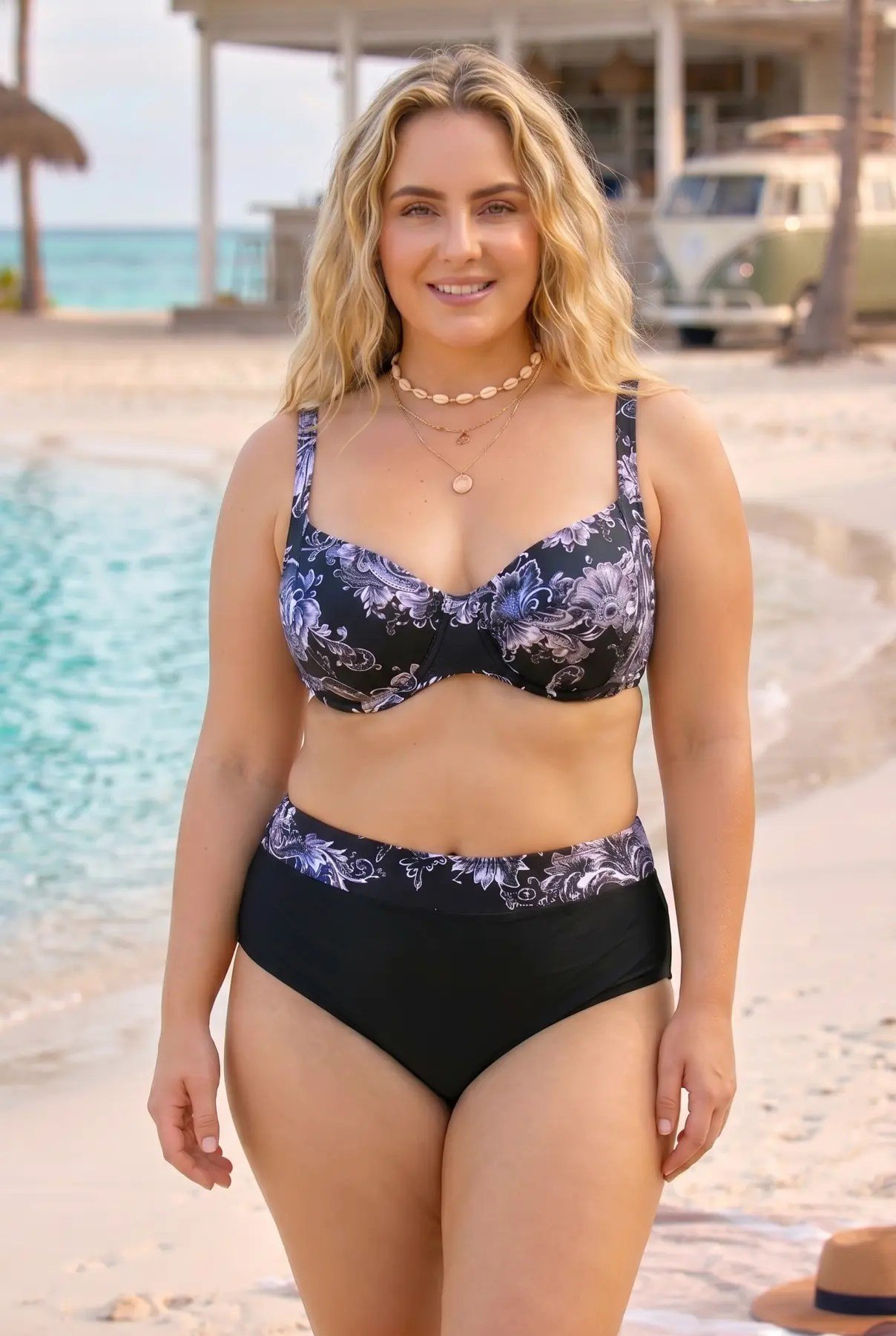 Kadın Siyah Büyük Beden Barok Desenli Yüksel Bel Toparlayıcı Bikini Takımı HZL26S-LC6138-2