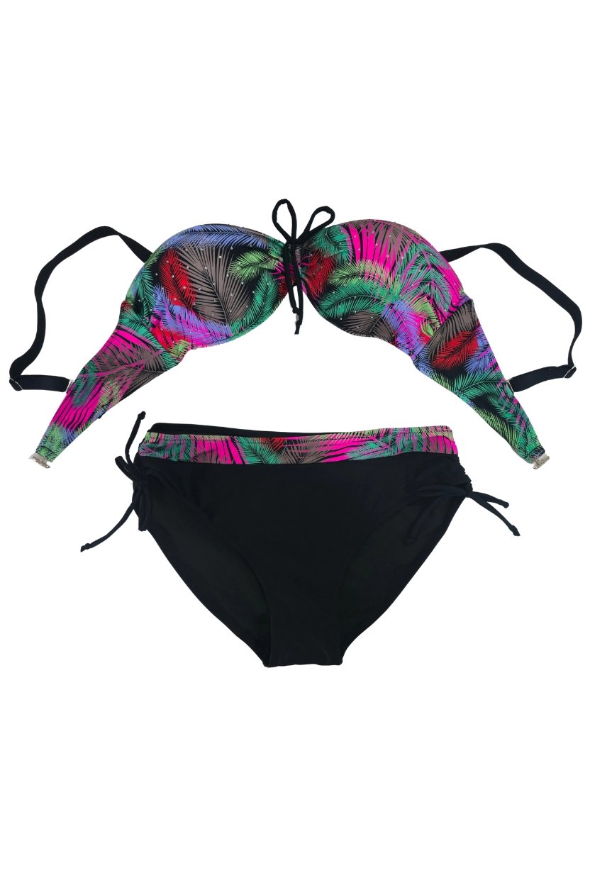 Kadın Siyah Çok Renk Desenli  Astarlı Büyük Beden Bikini Takımı HZL25S-LC03