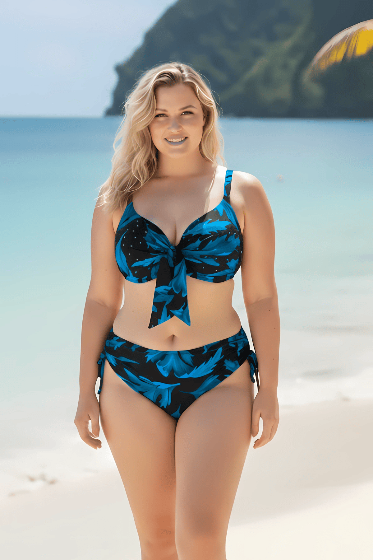 Kadın Siyah Mavi Taş İşlemeli Büyük Beden Bikini Takım HZL25S-LC3337
