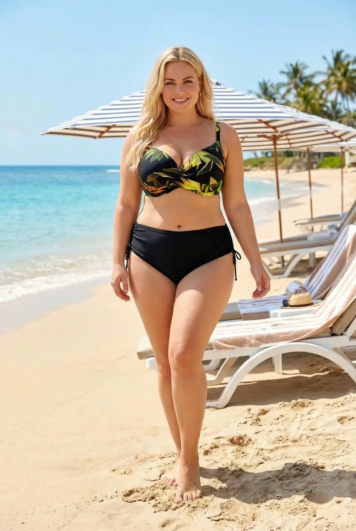 Kadın Siyah Sarı Yaprak Desenli Büyük Beden Astarlı Bikini Takımı HZL26S-LC25153