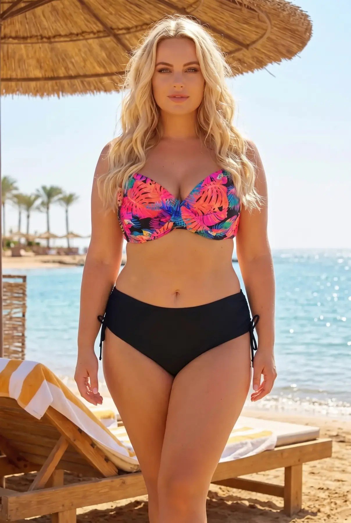 Kadın Siyah Turuncu Çok Renkli Büyük Beden Astarlı Bikini Takım HZL26S-LC3832