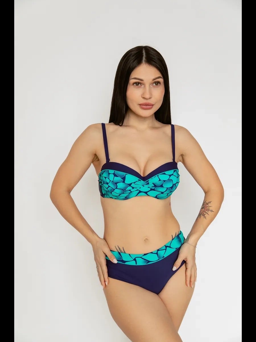 Kadın Yeşil Lacivert Desenli Astarlı Bikini Takımı HZL25S-LC25143