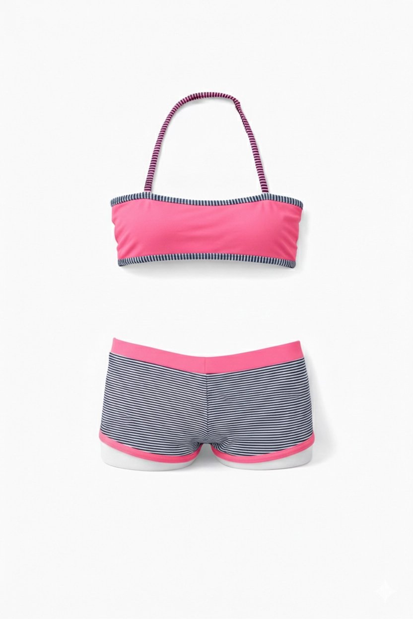 Kız Çocuk Açık Pembe Çizgili Şortlu 4-12 Yaş Straplez Bikini Takım HZL24S-LC9034