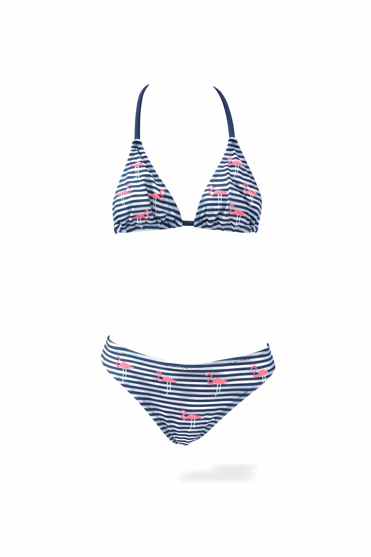 Kız Çocuk Lacivert Beyaz Çizgili Flamingo Desenli  4-12 Yaş Üçgen Bikini Takım HZL24S-LC171