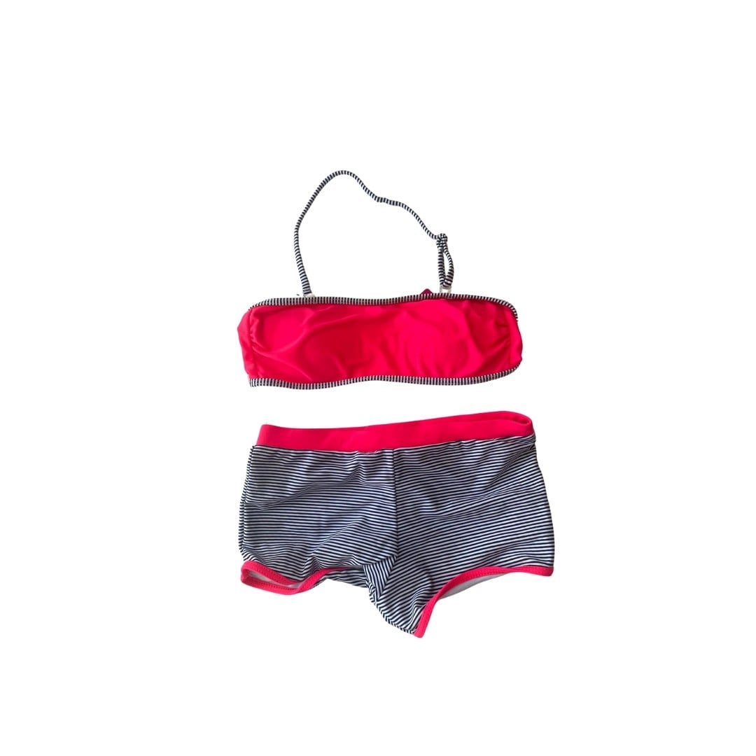 Kız Çocuk Neon Pembe Siyah Çizgili Şortlu 4-12 Yaş Straplez Bikini Takım HZL24S-LC9034