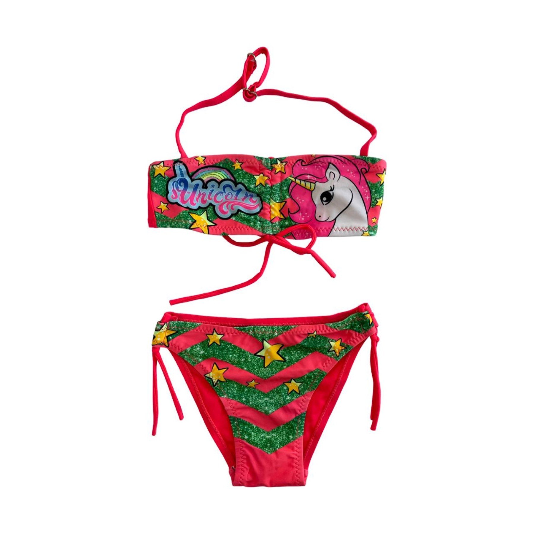 Kız Çocuk Neon Pembe Unicorn Desenli  2-8 Yaş Straplez Bikini Takım HZL24S-LC3658