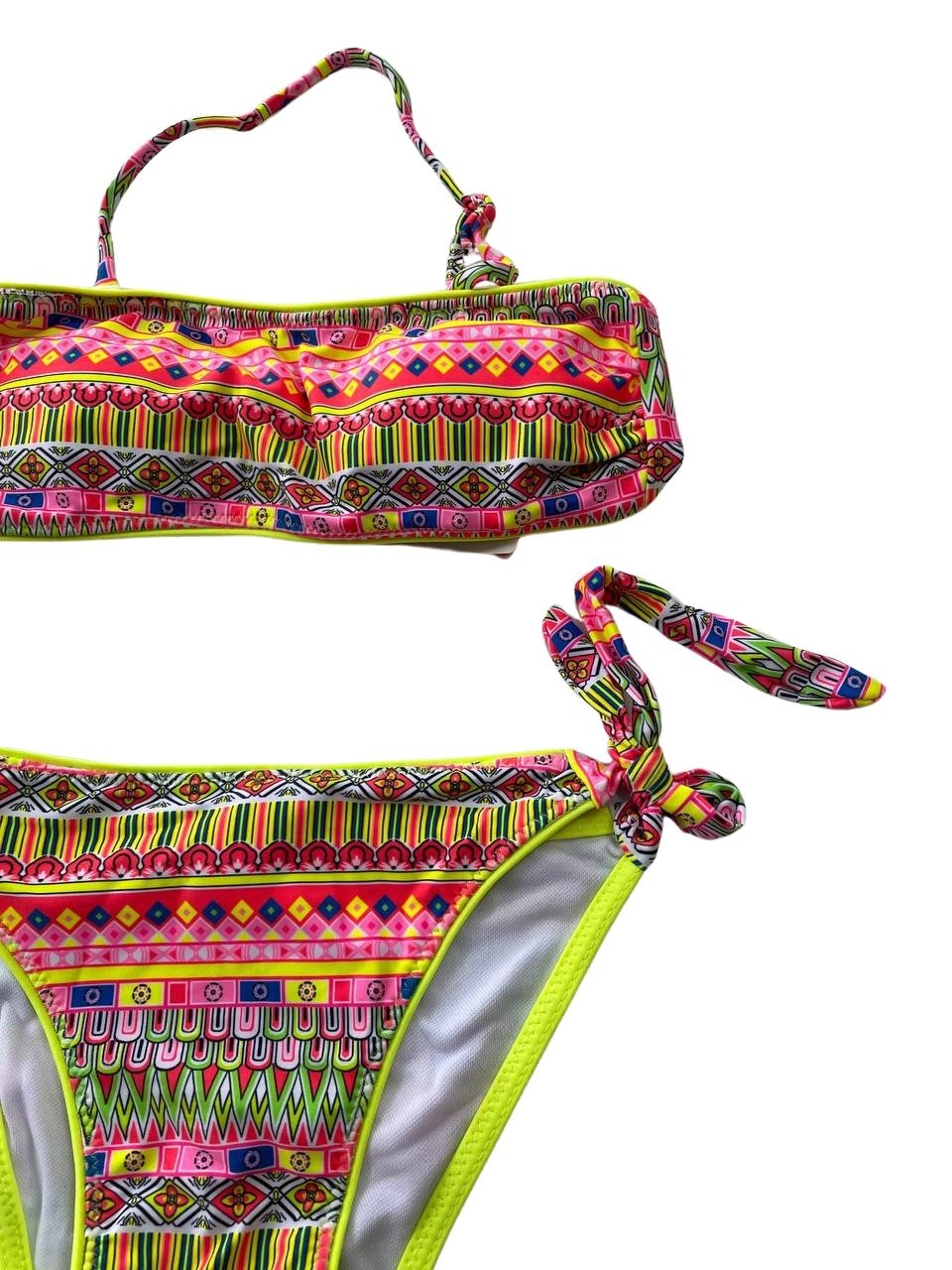 Kız Çocuk Neon Sarı Çok Renkli Astarlı 4-12 Yaş Straplez Bikini Takım HZL24S-LC6355