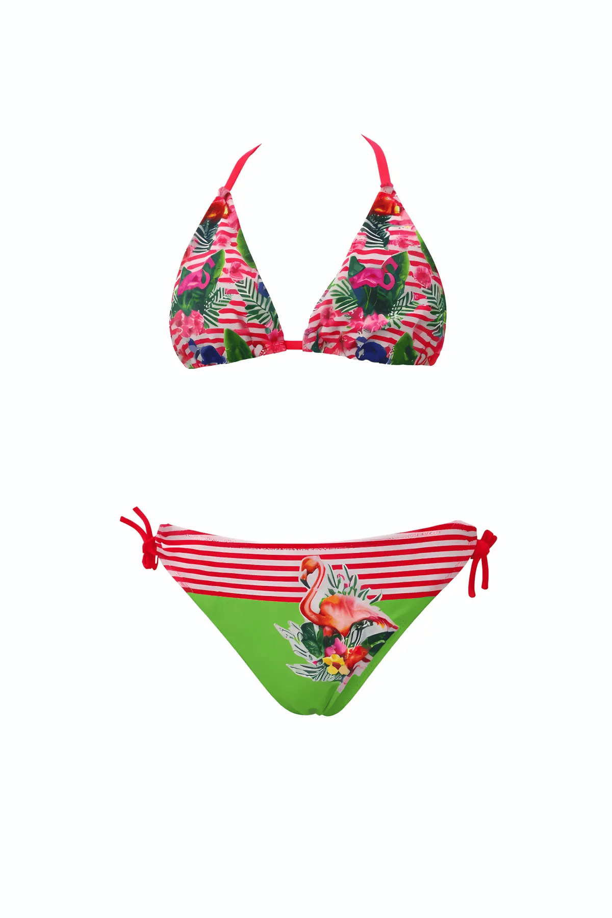 Kız Çocuk Pembe Yeşil Flamingo Glow Desenli 6-14 Yaş Üçgen Bikini Takım HZL26S-LC19018