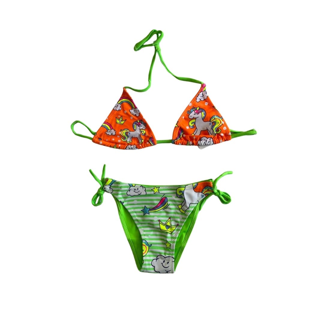 Kız Çocuk Turuncu Yeşil Unicorn Temalı Bikini Takım HZL25S-LC19049