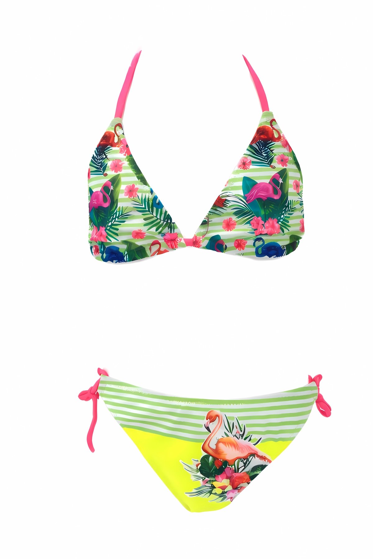 Kız Çocuk Yeşil Flamingo Glow Desenli  6-14 Yaş Üçken Bikini Takım HZL26S-LC9018