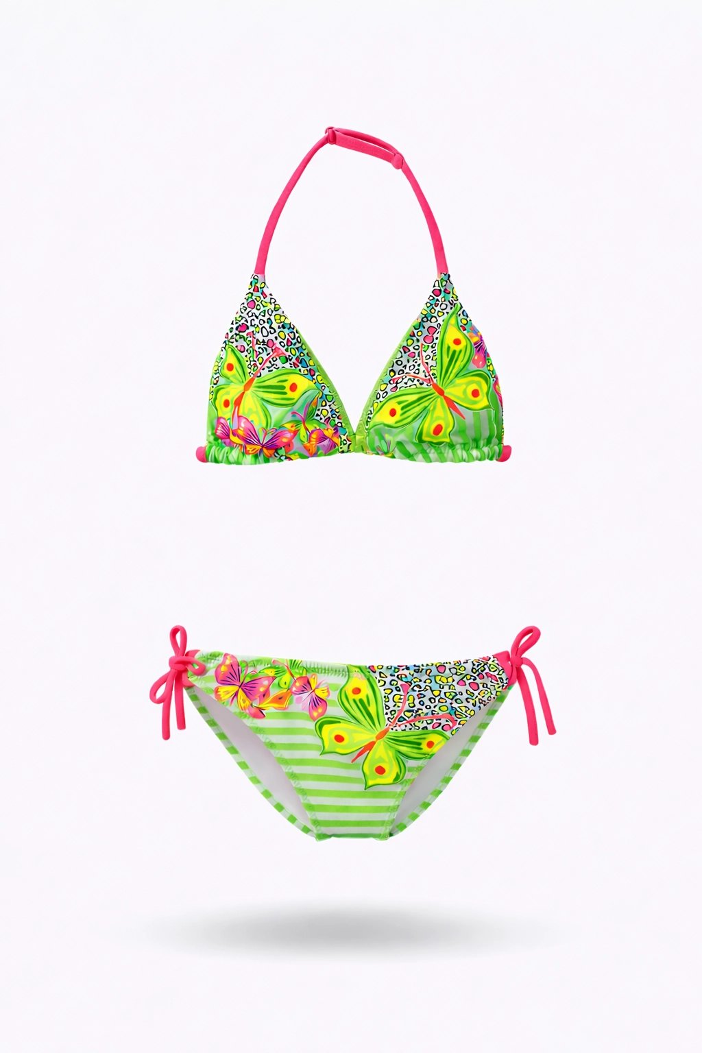 Kız Çocuk Yeşil Kelebek Desenli  2-8 Yaş Üçken Bikini Takım HZL24S-LC2134