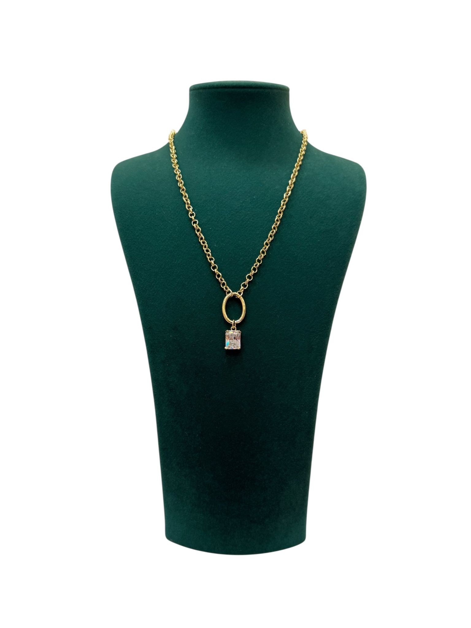 14 K Gold Renk Oval Figür Baget Taşlı VIP Kolye (44 CM)