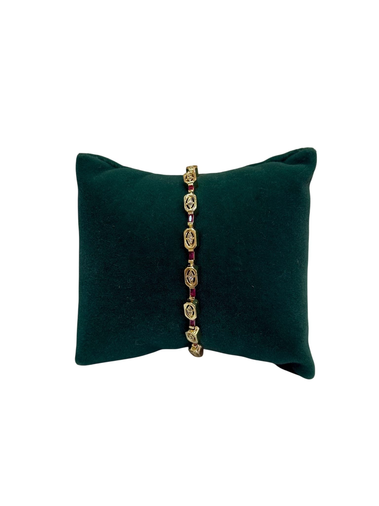 14K Gold Renk Bordo Taşlı İnce Zarif VIP Bileklik (17+2 CM)