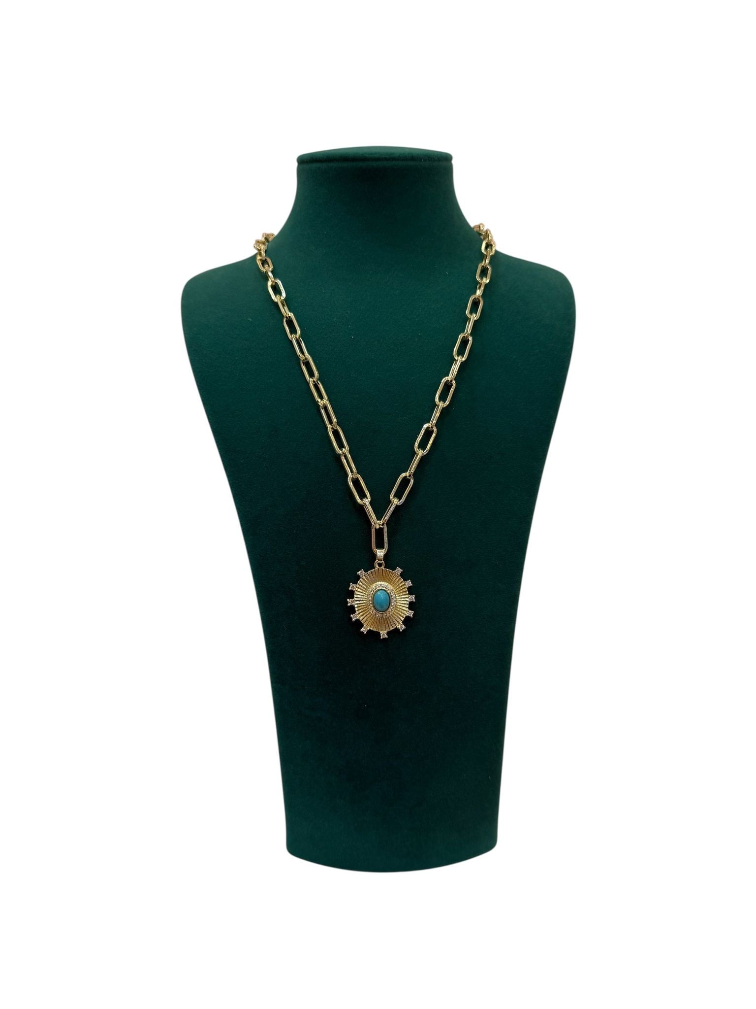 14K Gold Renk Firuze Taşlı VIP Ataç Kolye (60+5 CM)