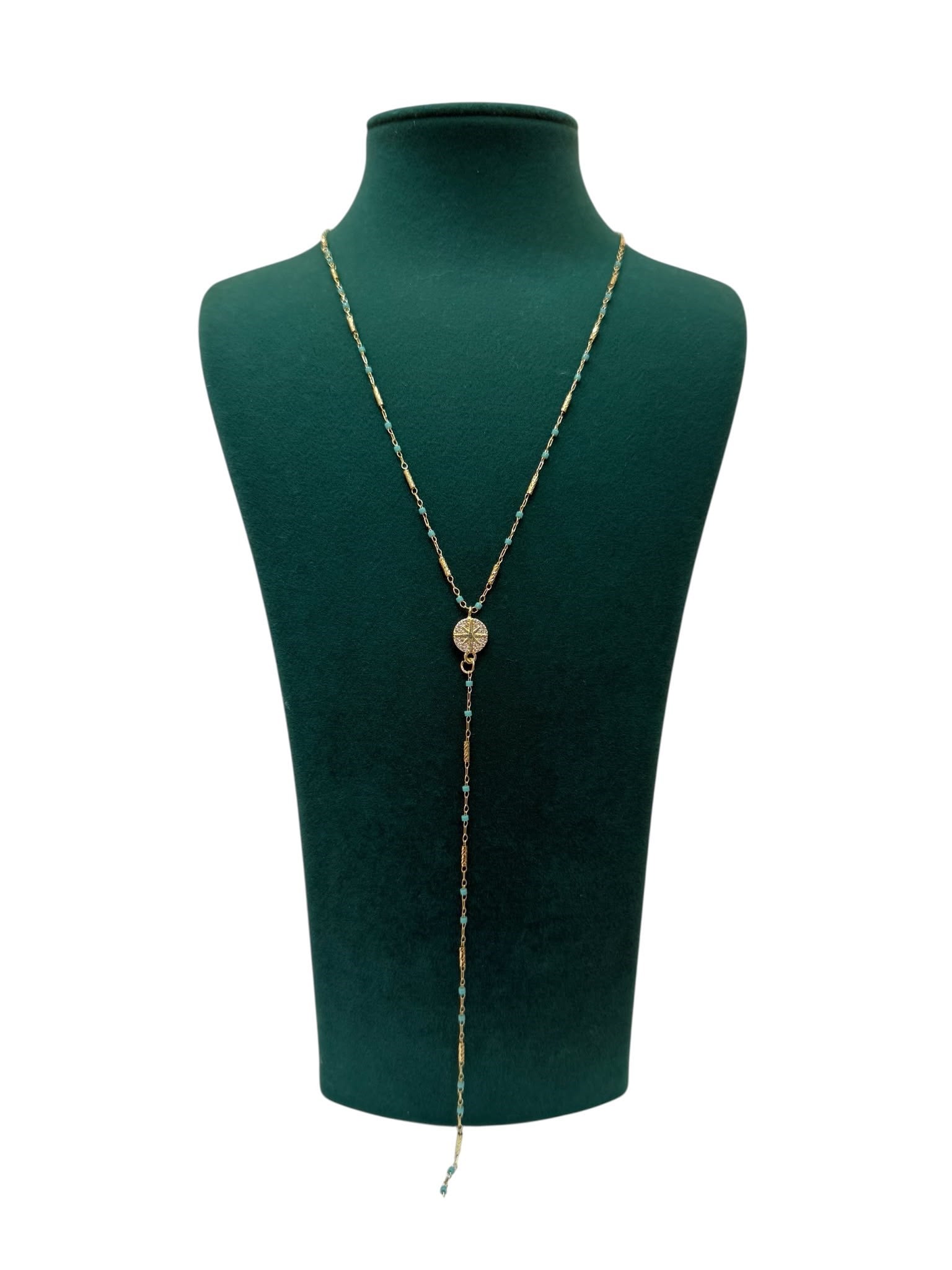 14K Gold Renk Mavi İnce Boncuklu Kuzey Yıldızlı VIP Y Kolye (80+5 CM)