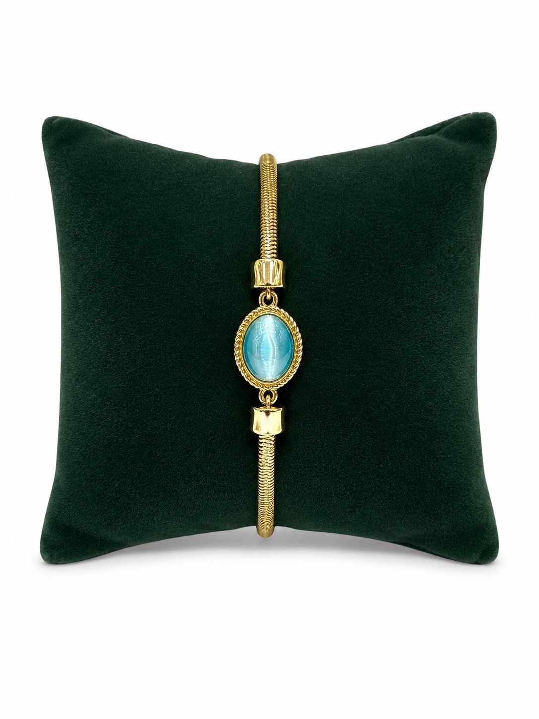 14K Gold Renk Opal Mavi Taşlı Vintage Ezme VIP Bileklik (17+5 CM)