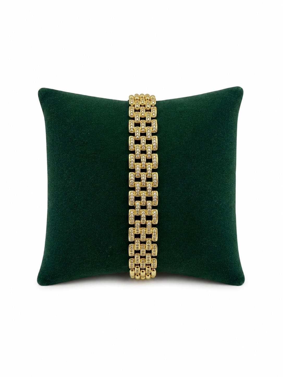 14K Gold Renk Ortası Taşlı Kalın Hasır VIP Bileklik (17+2 cm)