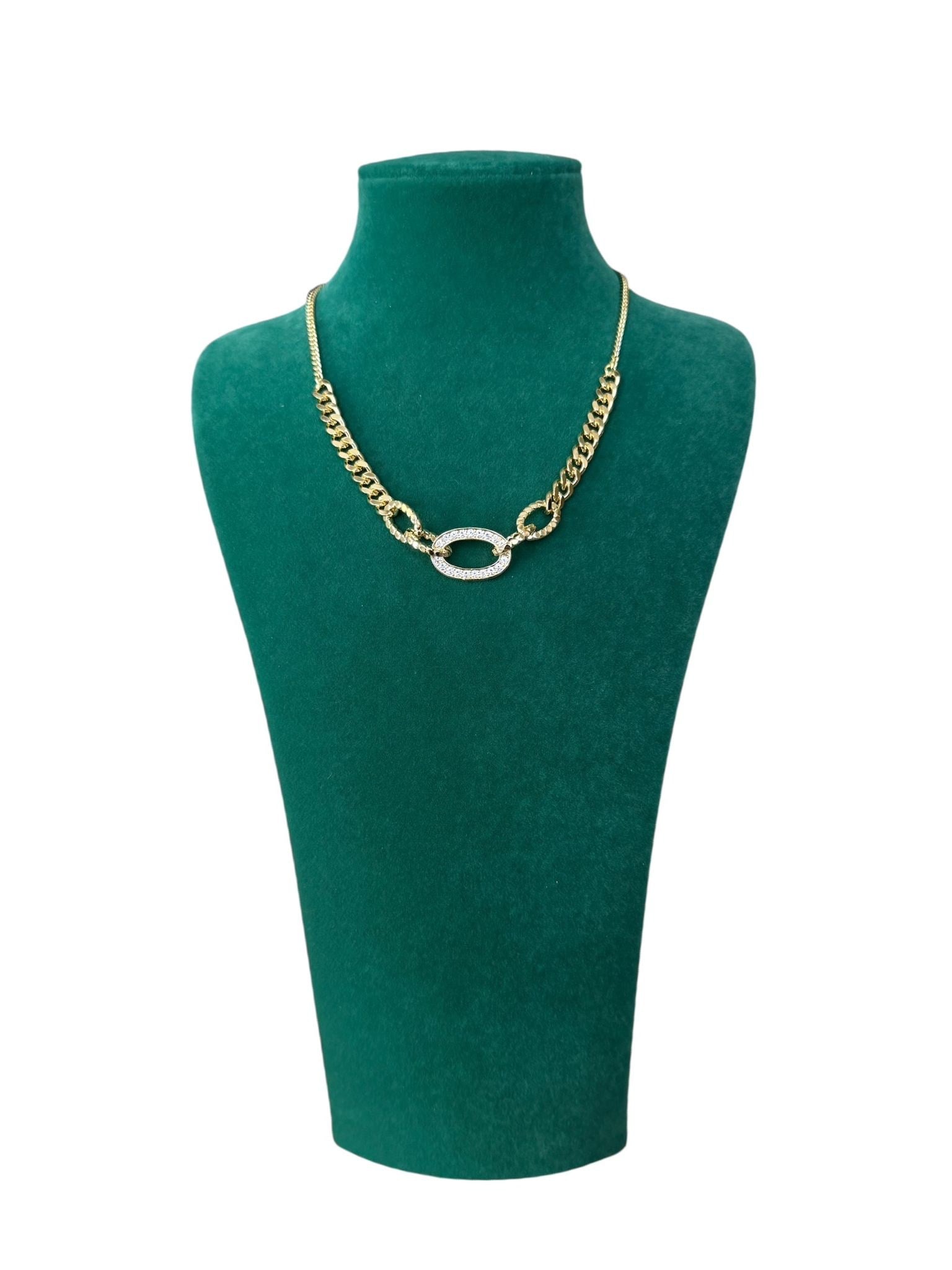 14K Gold Renk Ortası Zirkon Zincir Detaylı VIP Kolye (40+5 CM)