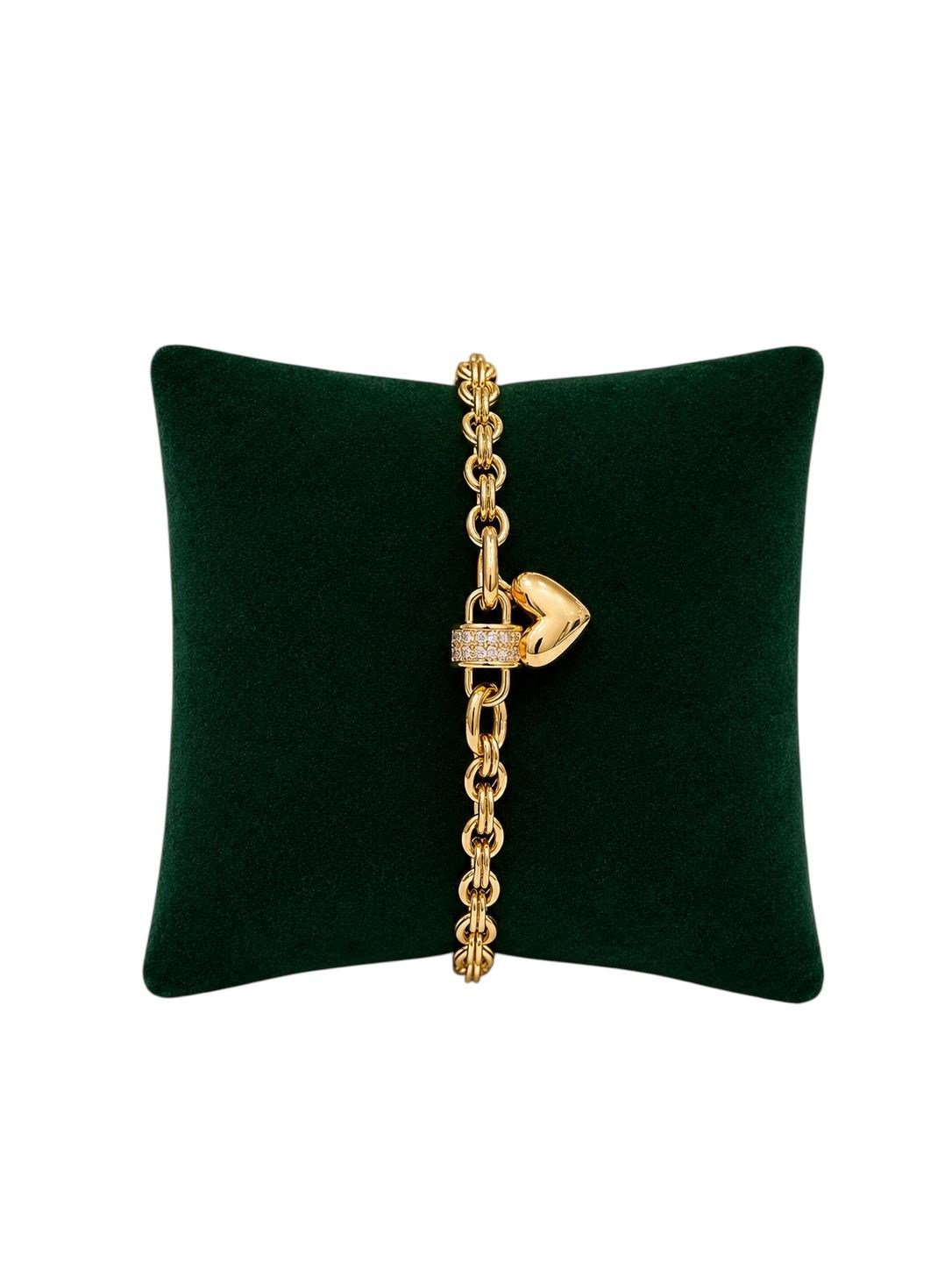 14K Gold Renk Taşlı Kalp Figür Zincir VIP Bileklik (17+2 cm)