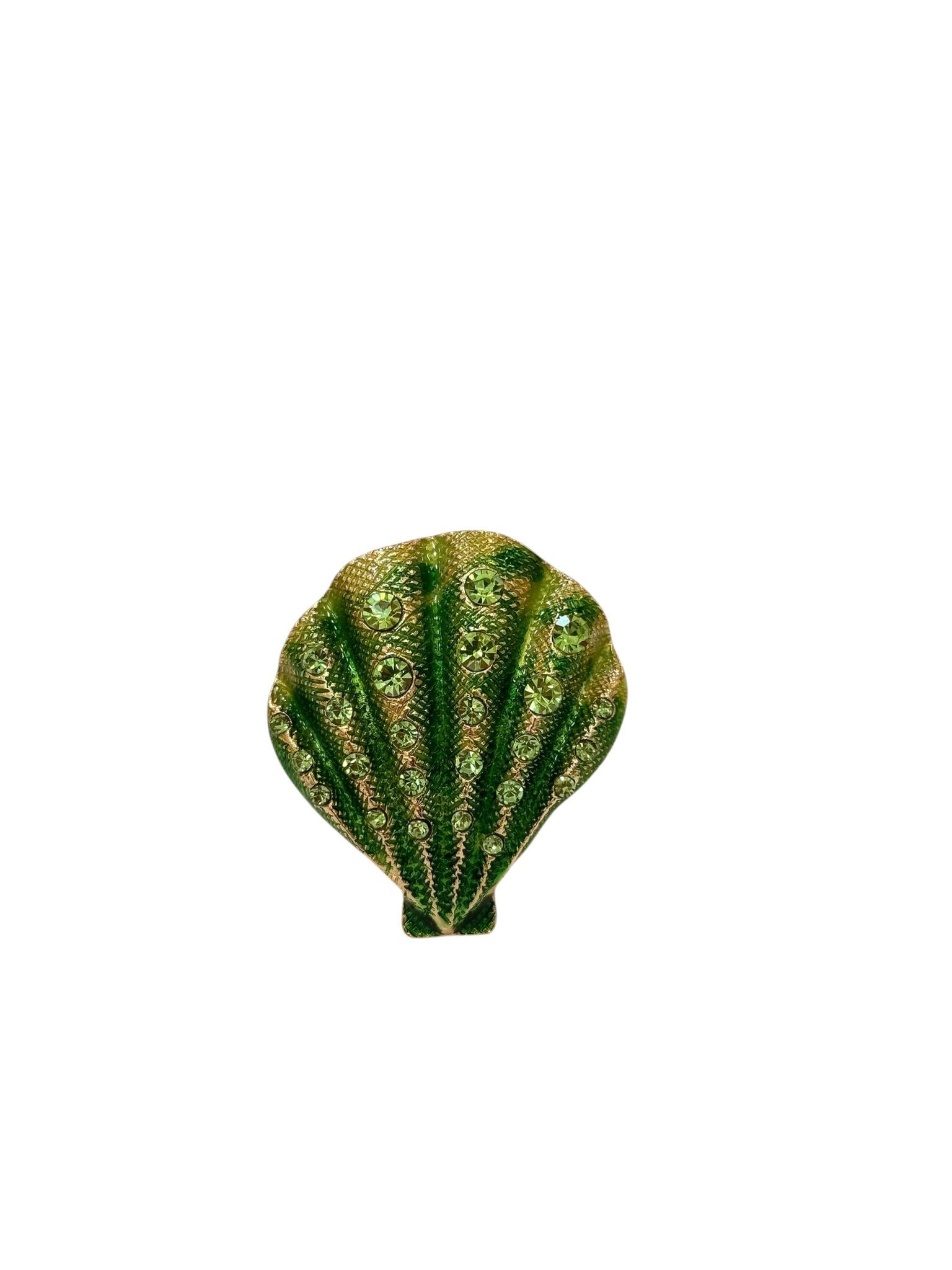 Yeşil Taş Detaylı İstiridye Broş (4x3,5 cm)