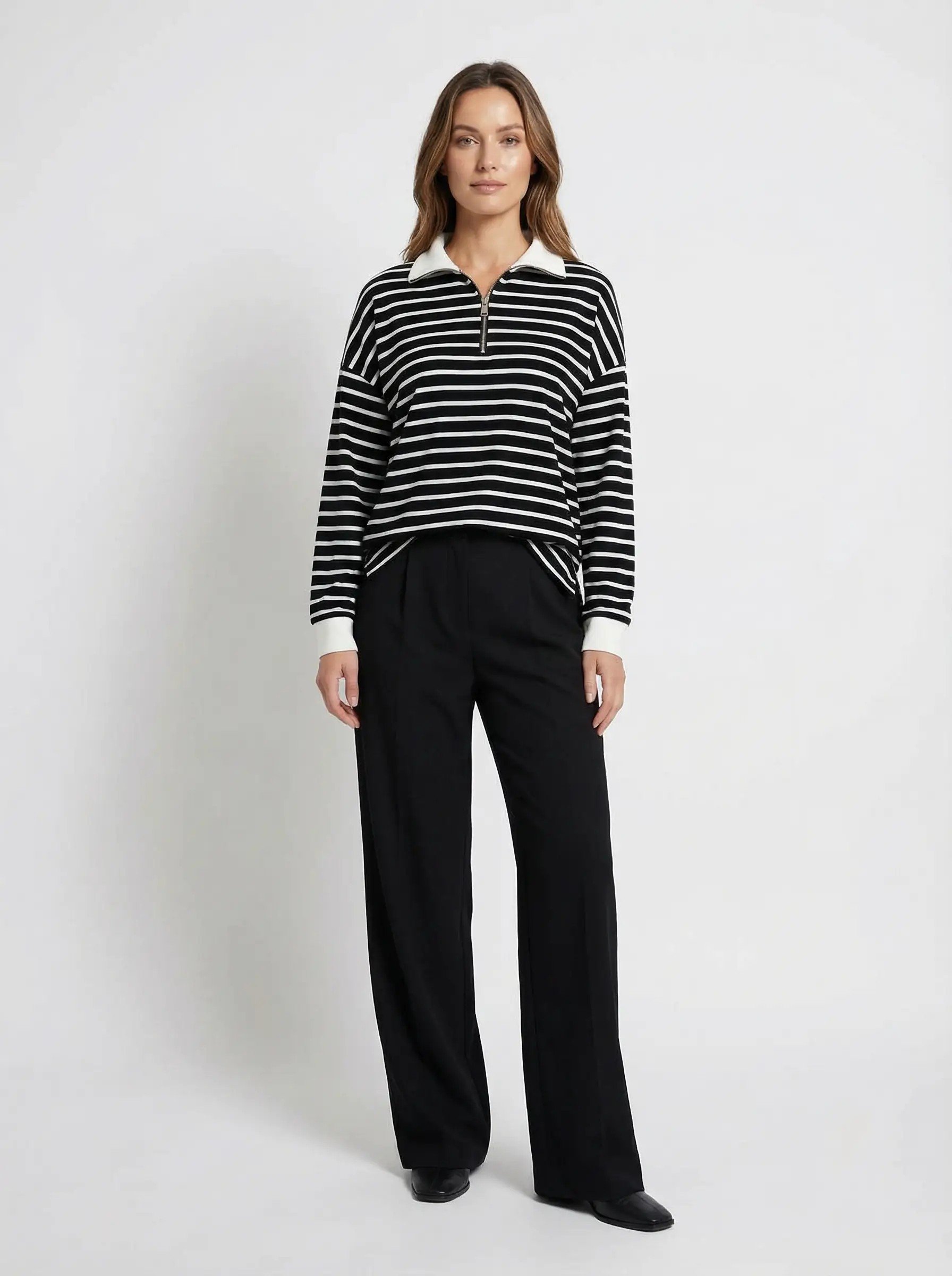 Fermuar Detaylı Çizgili Sweatshirt