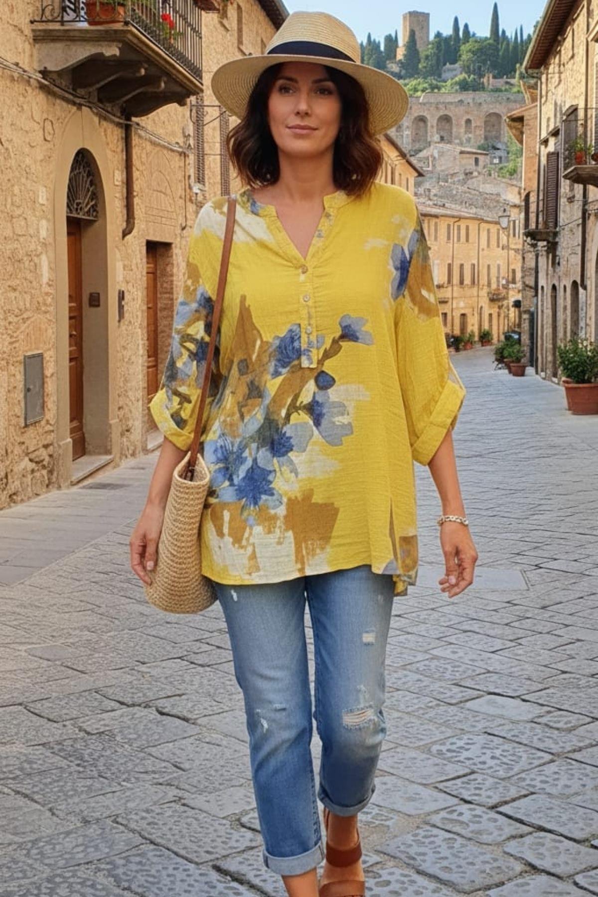 İtalyan Pamuk Keten Desenli Kol Ayarlı Kapri Kollu Gömlek Bluz Sarı