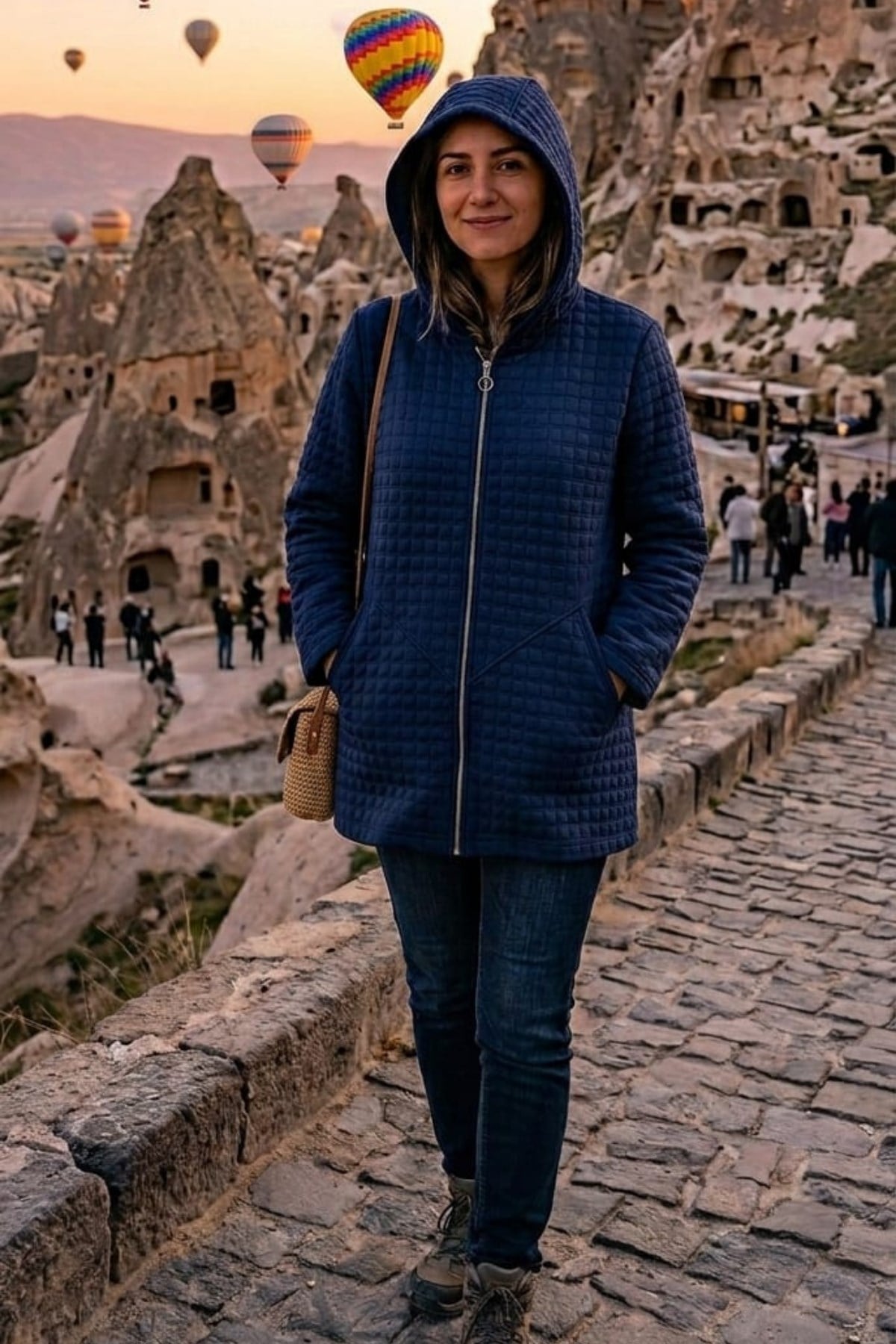 Pamuk Viskon Kapitone Kapüşonlu Fermuarlı Cepli Mevsimlik Mont Ceket Lacivert
