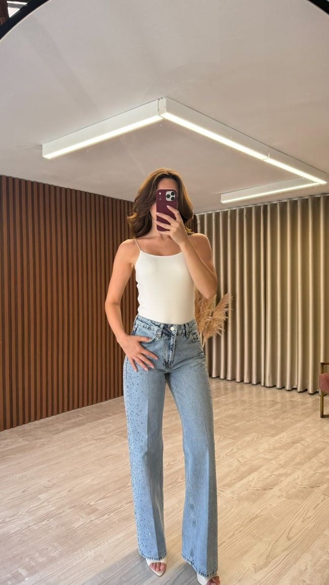 Yanları Taşlı Wide Leg Jean (Karol)