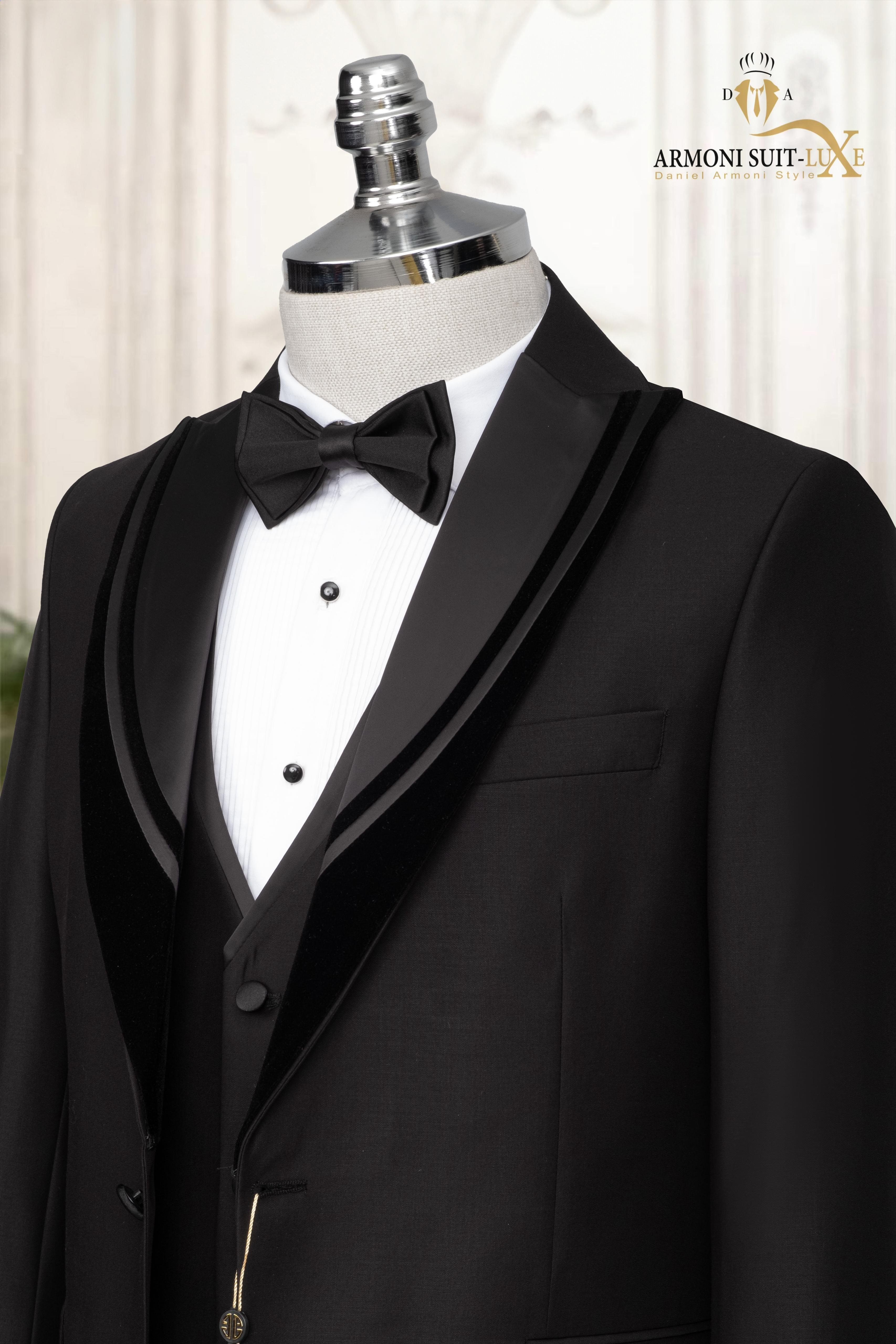 Slim Fit Dar Kesim Kırlangıç Yaka Desenli Klasik Siyah Smokin Takım
