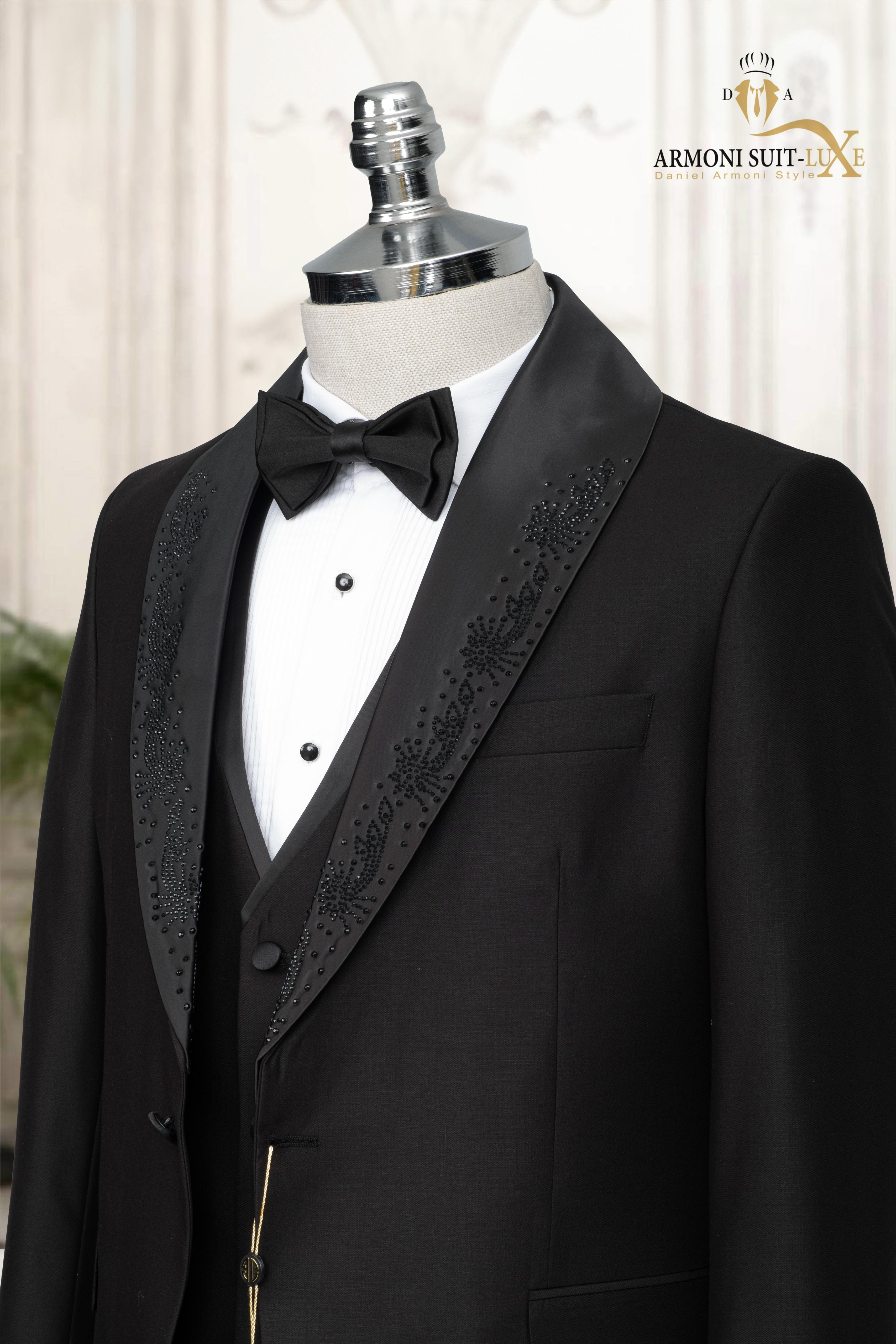 Slim Fit Dar Kesim Şal Yaka Nakış Desenli Siyah Smokin Takım