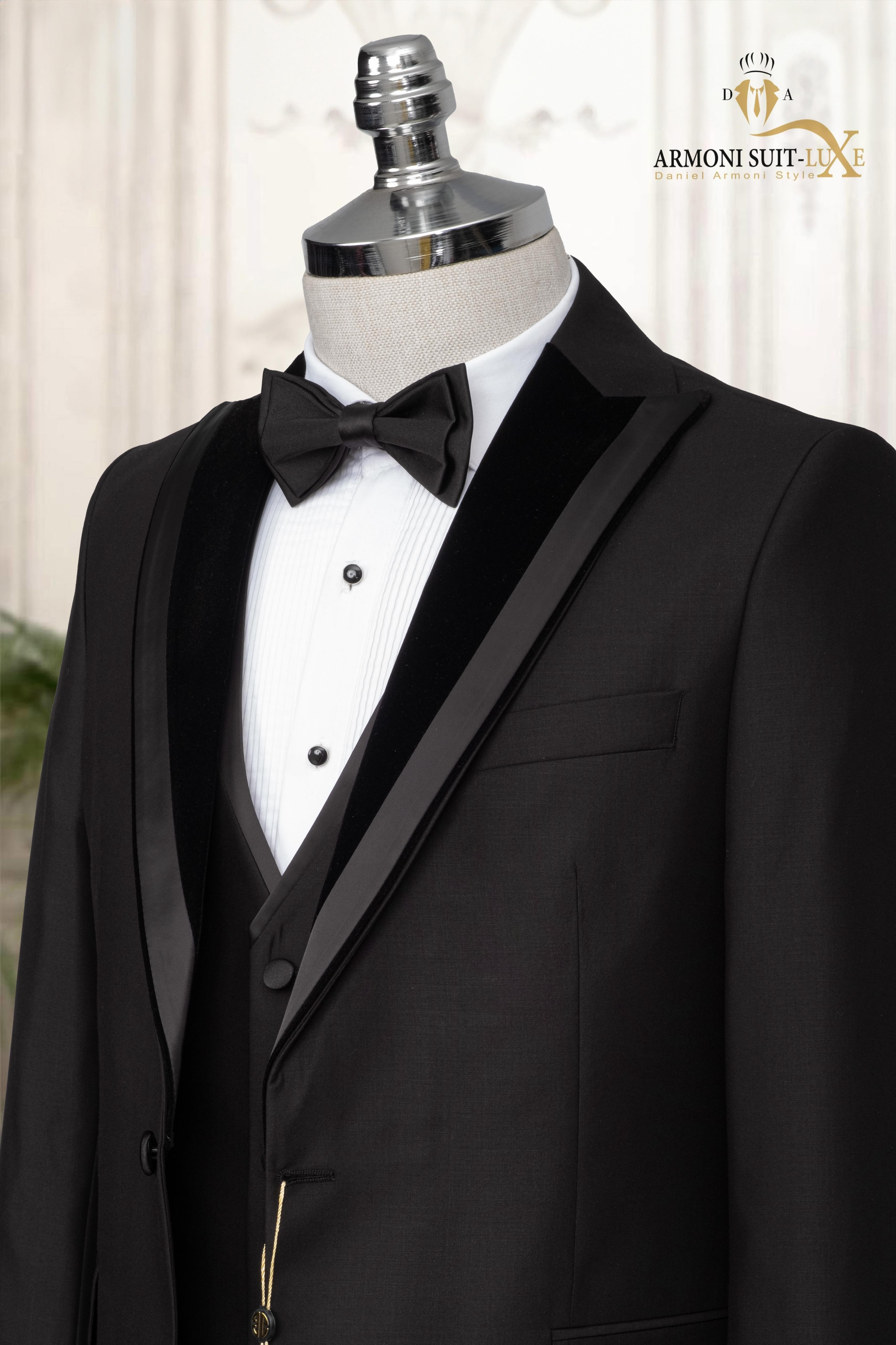 Slim Fit Siyah Düz Damatlık & Smokin Yelekli Takim Elbise