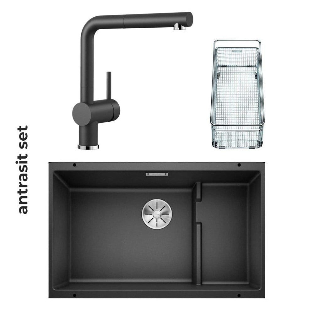 Blanco SUBLINE 700 U LEVEL Granit Antrasit Evye, LINUS-S Antrasit Spiralli Armatür Set, Aksesuar hediyeli