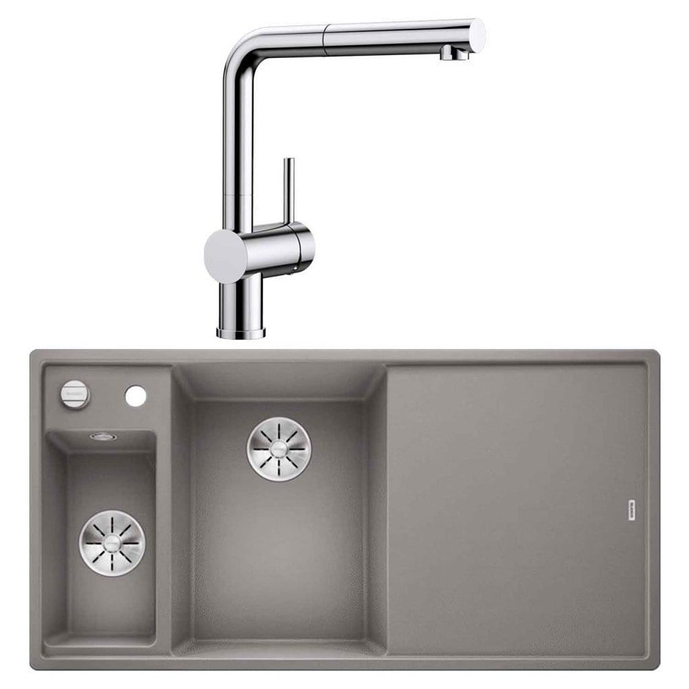 Blanco AXIA III 6 S Granit Alu Metallic Evye, Sağdan damlalık, LINUS-S Krom Spiralli Armatür Set, Aksesuar hediyeli