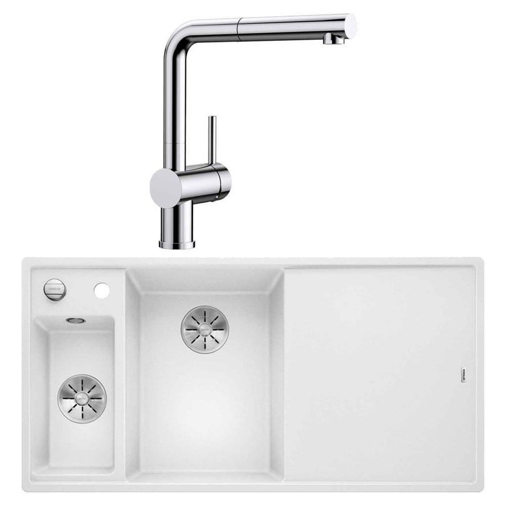 Blanco AXIA III 6 S Granit Beyaz Evye, Sağdan damlalık, LINUS-S Krom Spiralli Armatür Set, Aksesuar hediyeli