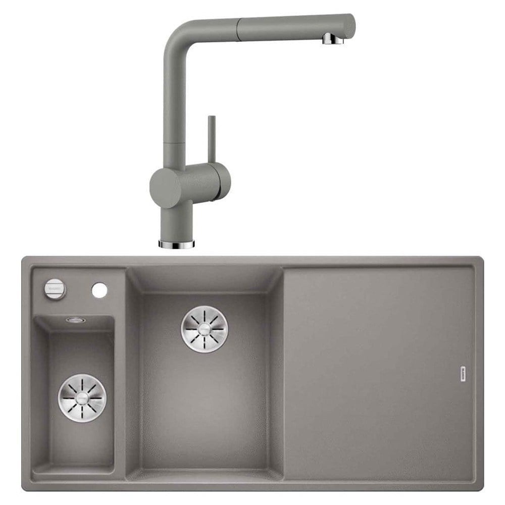 Blanco AXIA III 6 S Granit Alu Metallic Evye, Sağdan damlalık, LINUS-S Alu Metallic Spiralli Armatür Set, Aksesuar hediyeli