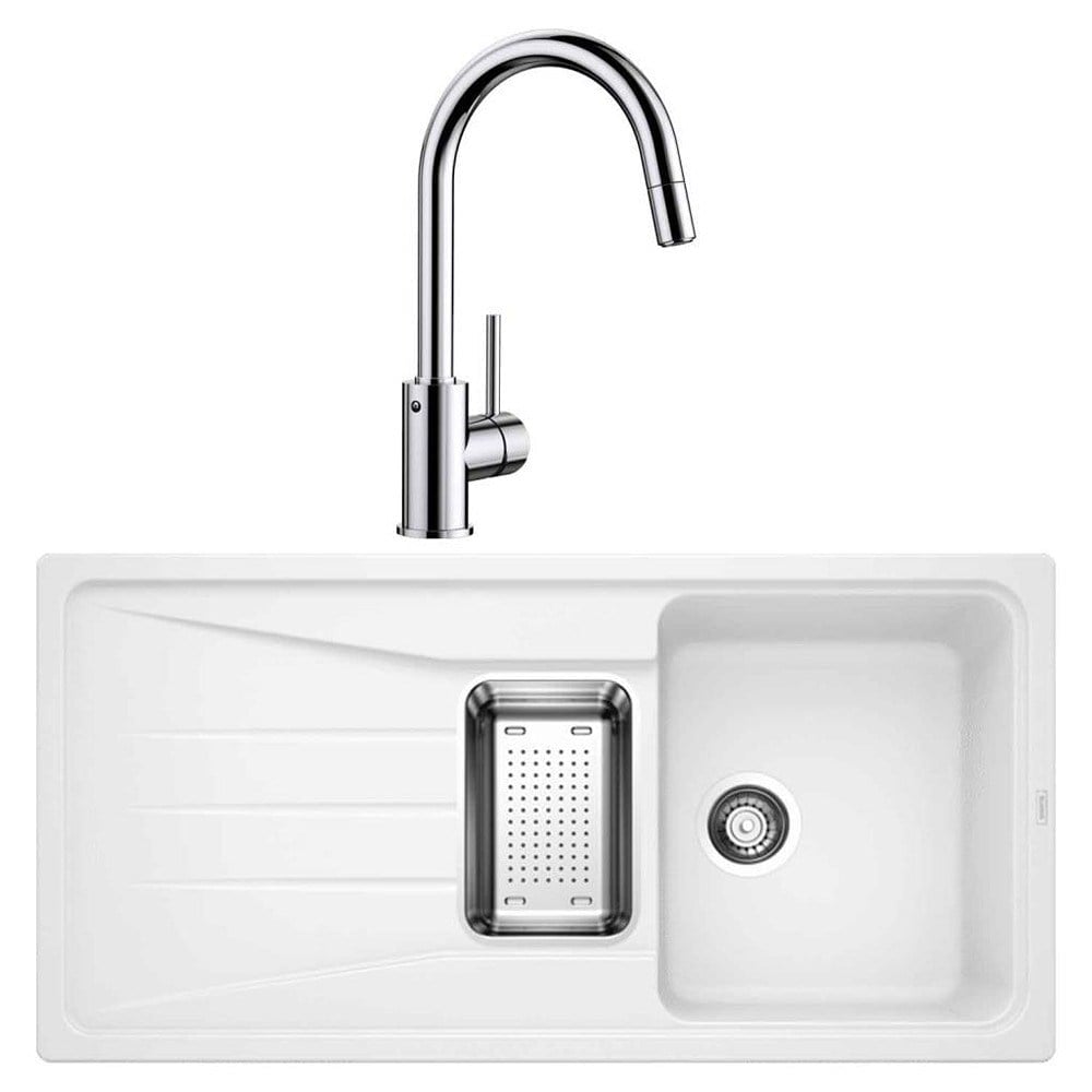 Blanco SONA 6 S Beyaz Granit Evye, MIDA-S Krom Spiralli Armatür Set, Aksesuar Hediyeli