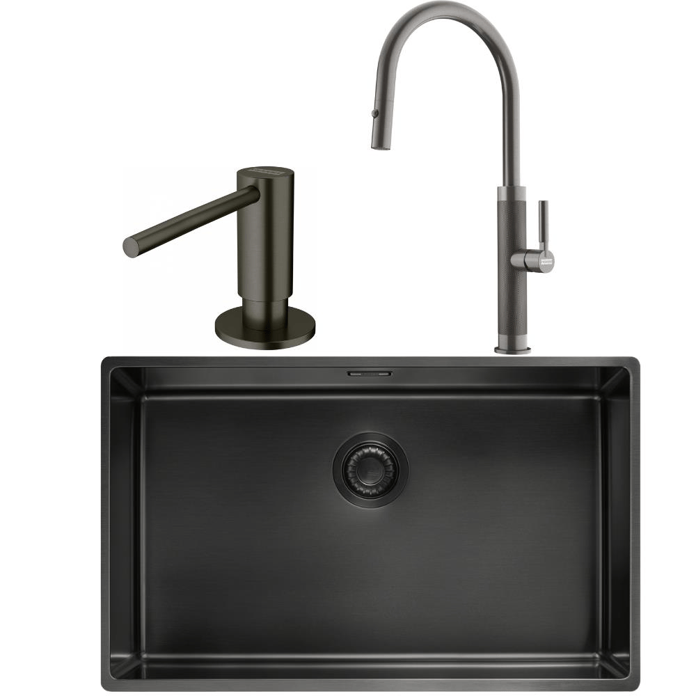 Franke MYTHOS BXM 210/110-68 Paslanmaz Çelik Antrasit Evye, MYTHOS Spiralli Antrasit Armatür, Sıvı Sabunluk Antrasit