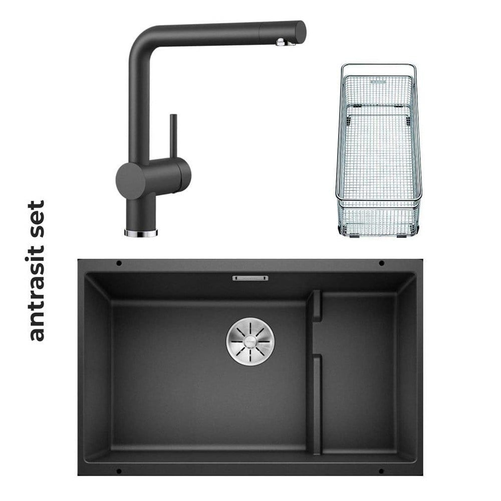 Blanco SUBLINE 700 U LEVEL Granit Antrasit Evye, LINUS Antrasit Armatür Set, Aksesuar hediyeli