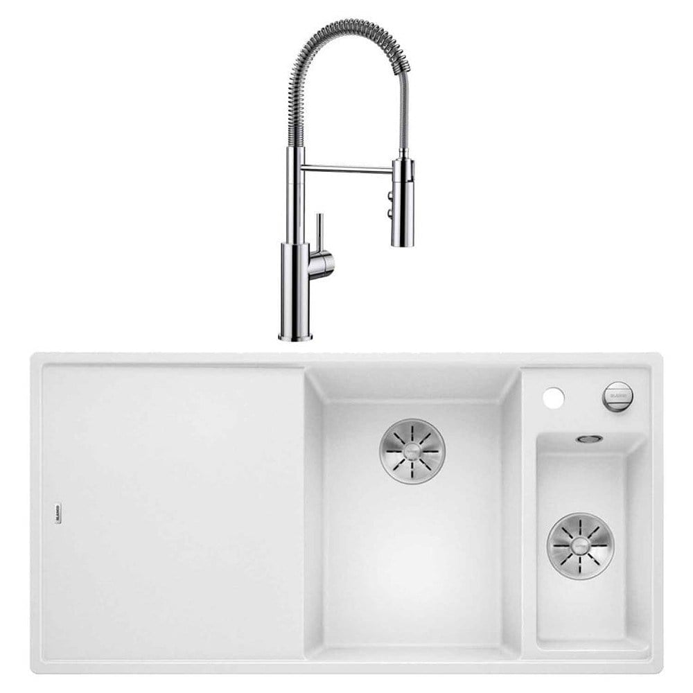 Blanco AXIA III 6 S Granit Beyaz Evye, Soldan damlalık, CATRIS-S Krom Spiralli Armatür Set, Aksesuar hediyeli