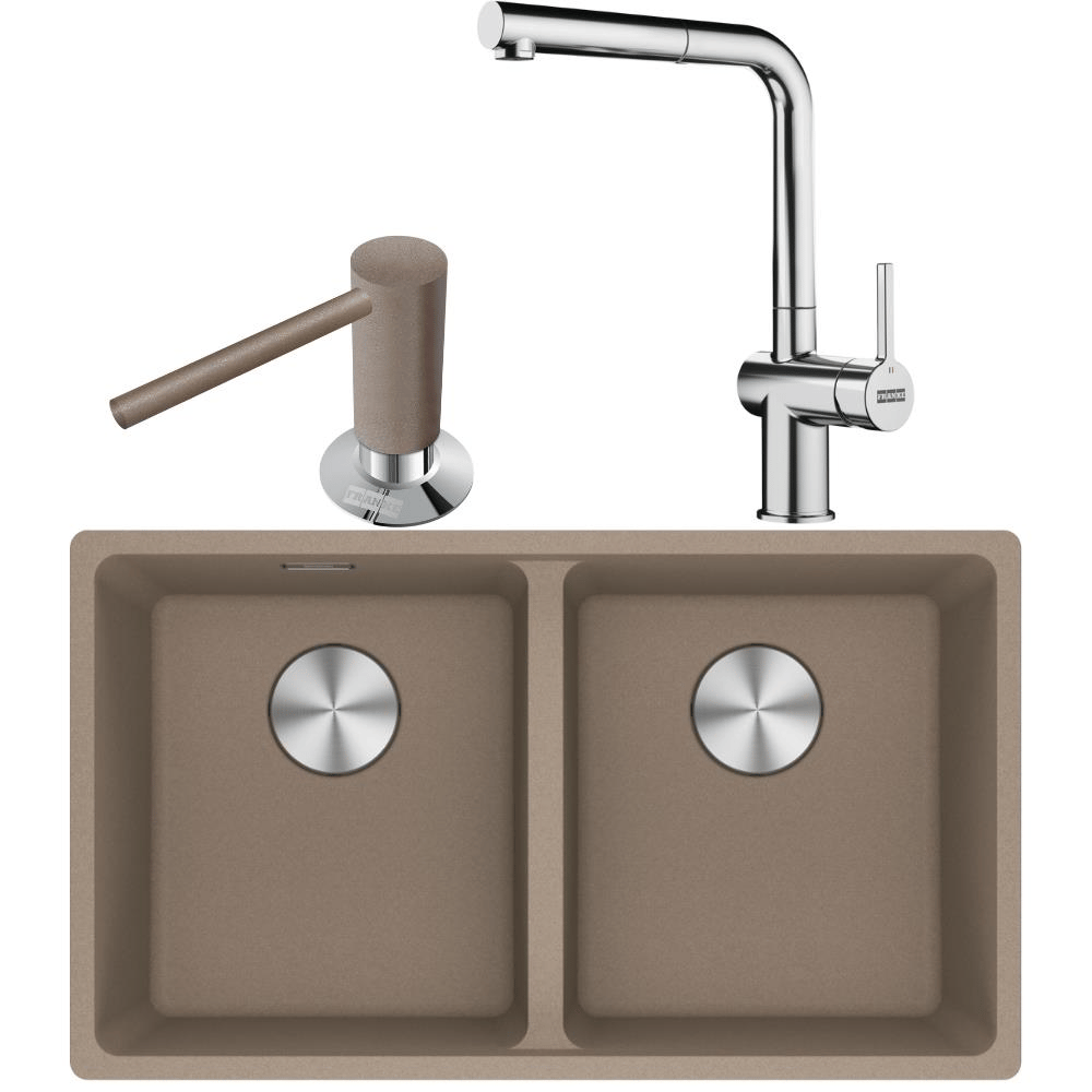 Franke MRG 120-35-35 Granit Oyster Renk Evye, ACTIVE PLUS DOCCIA 2.0 Krom Renk Armatür, Sıvı Sabunluk Oyster Renk