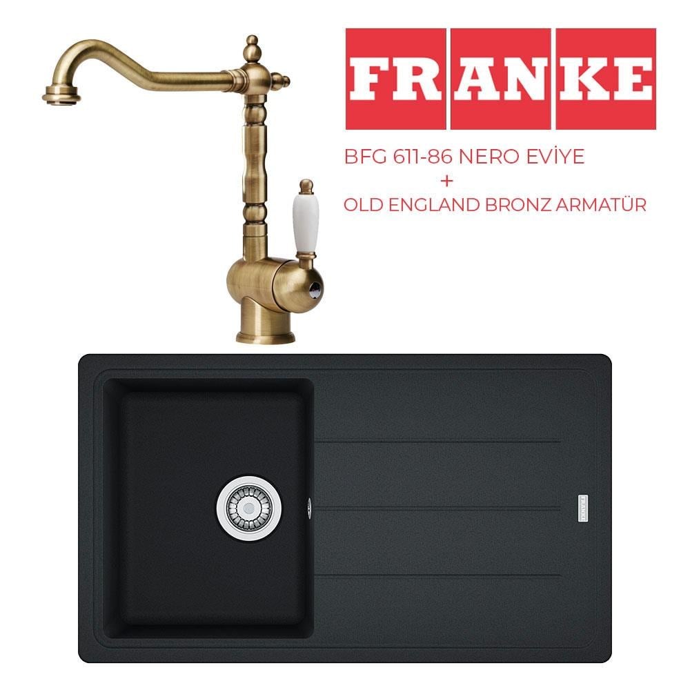 Franke BFG 611 Granit Nero Evye, Old England Bronz Armatür Set