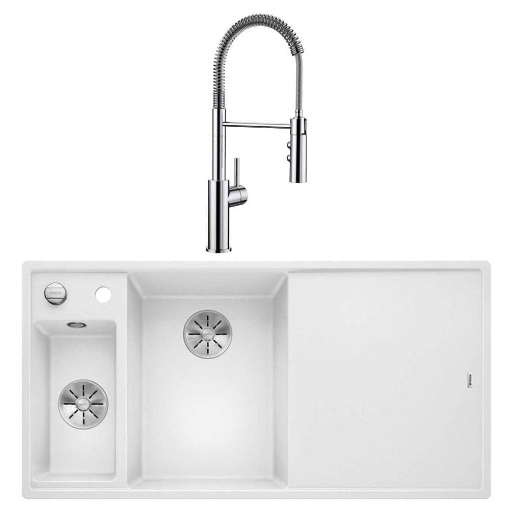 Blanco AXIA III 6 S Granit Beyaz Evye, Sağdan damlalık, CATRIS-S Krom Spiralli Armatür Set, Aksesuar hediyeli