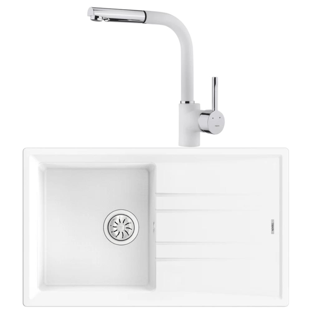 Teka Stone 50 B-TG Granit Beyaz Evye, ARK 938 Spiralli Beyaz Armatür