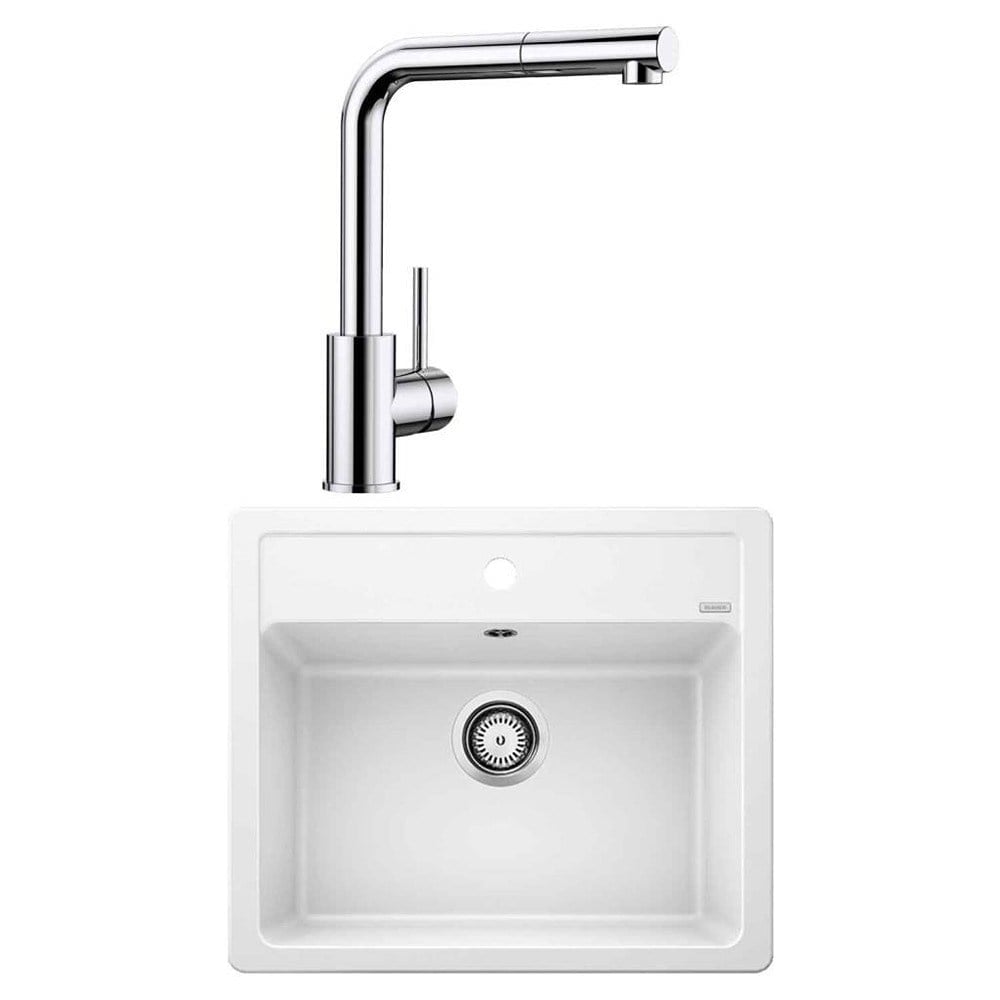 Blanco LEGRA 6 Granit Beyaz Evye, MILA-S Krom Spiralli Armatür Set