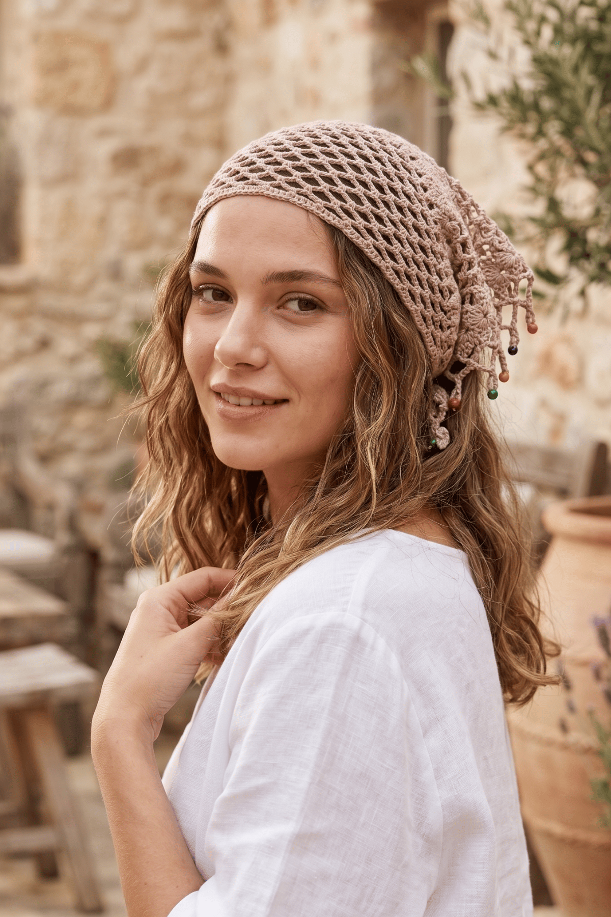 %100 El Örgüsü Boncuklu Bohem Kadın Bandana Saç Aksesuarı