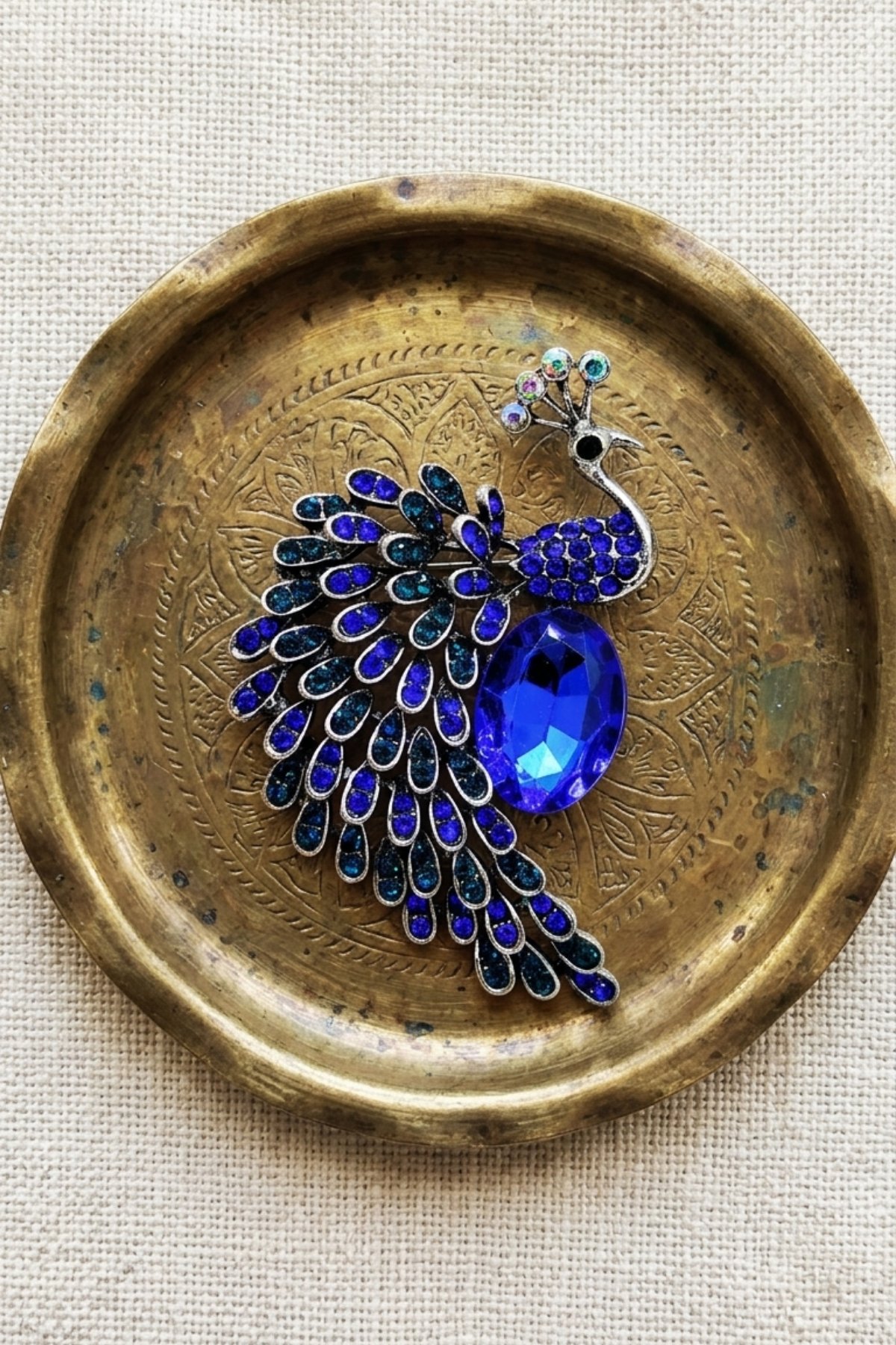 Mavi Kristal Taşlı Tavus Kuşu Broş | Gümüş Renk Vintage Yaka İğnesi