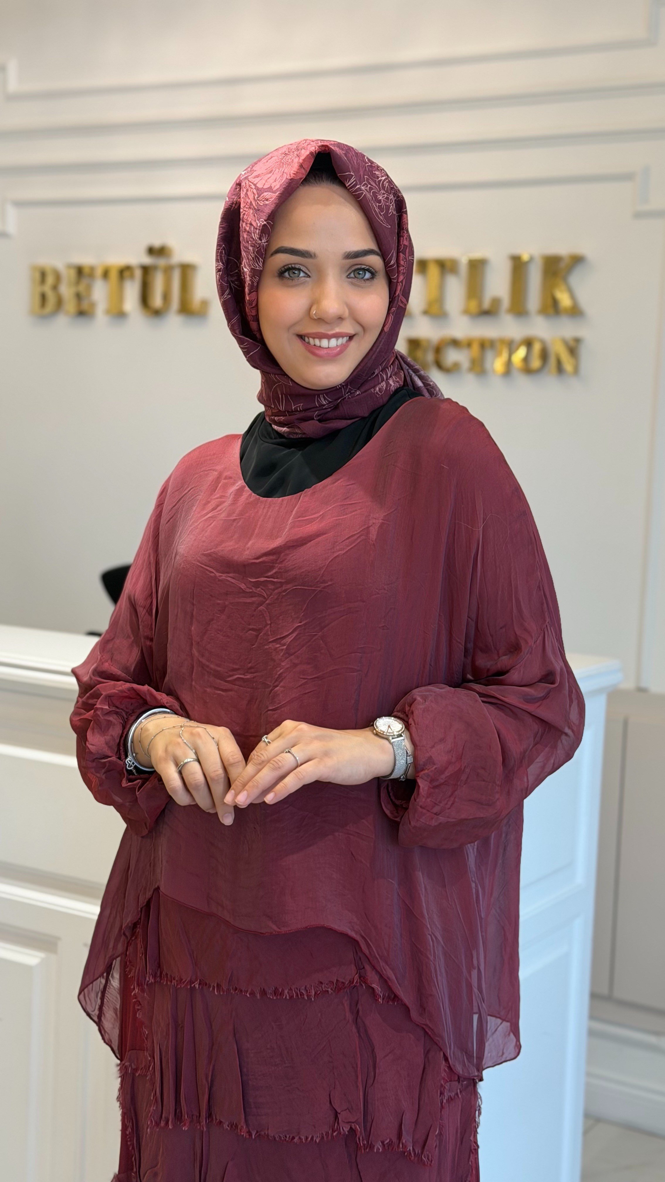 BTL İthal İpek Elbise Bordo